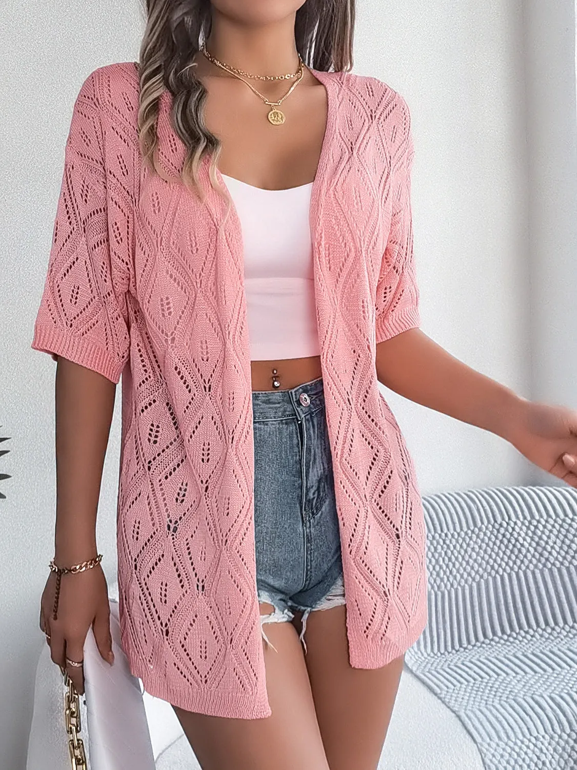 TEEK - Lace Open Front Half Sleeve Cardigan