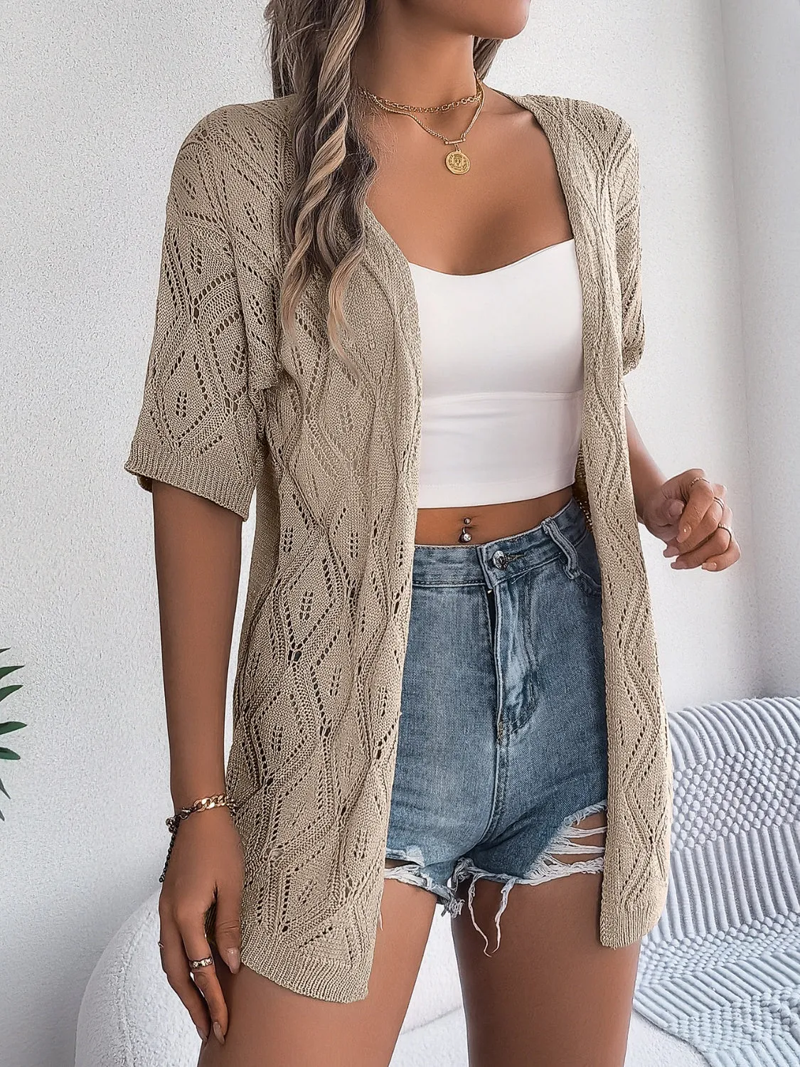 TEEK - Lace Open Front Half Sleeve Cardigan