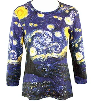 Van Gogh Starry Night, Scoop Neck 3/4 Sleeve Hand Silk-Screened Art Top