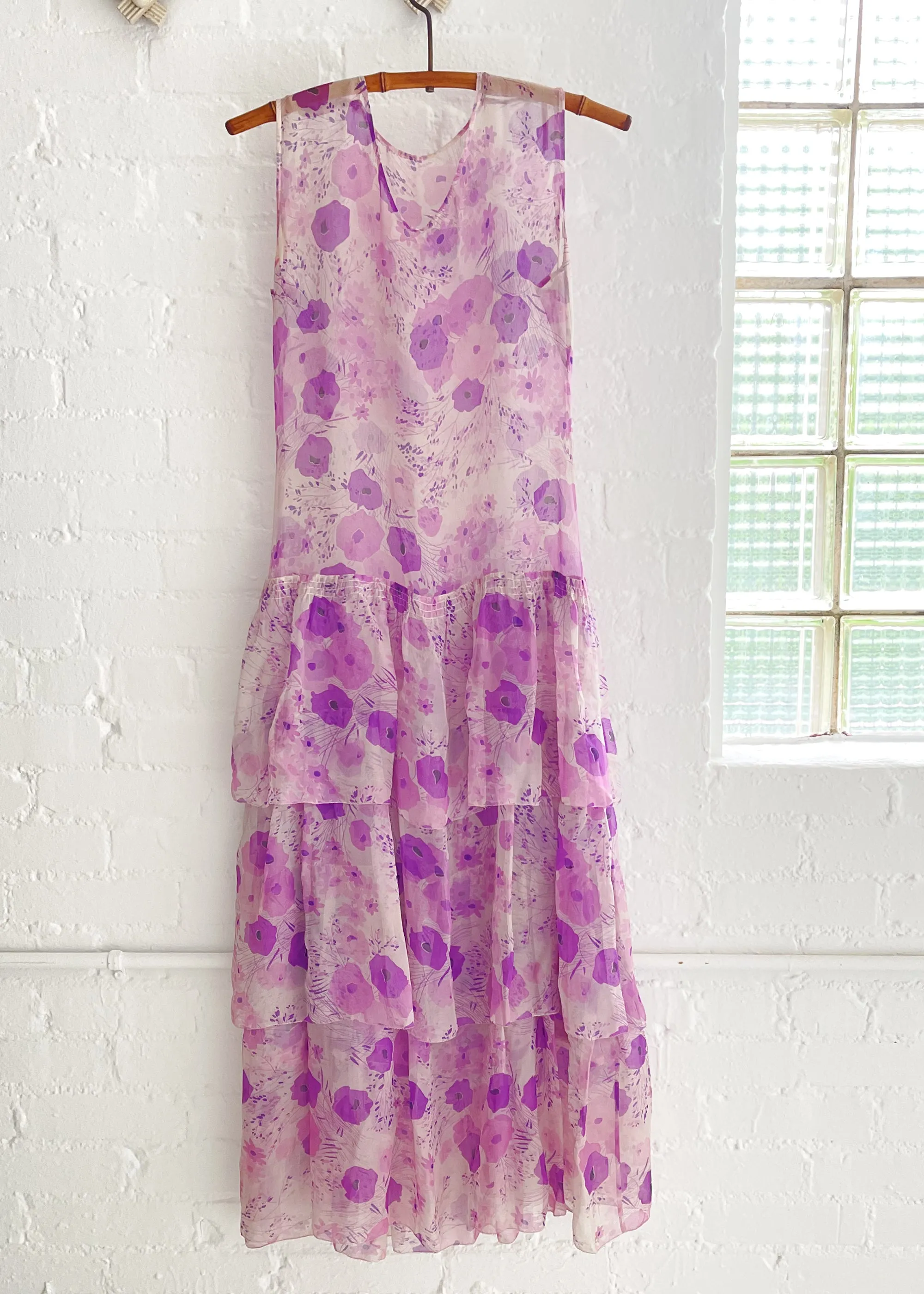 Vintage 1920s Purple Pansies Chiffon Lawn Dress