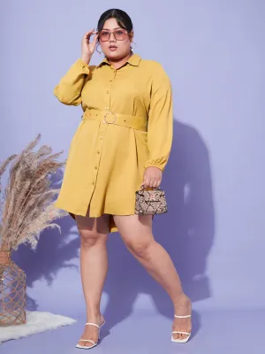 Women Mustard Front Open Button Shirt Dress