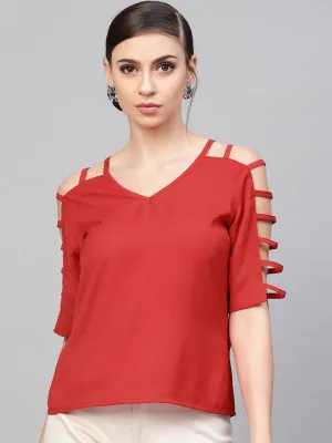 Women Red Strappy Sleeve Top