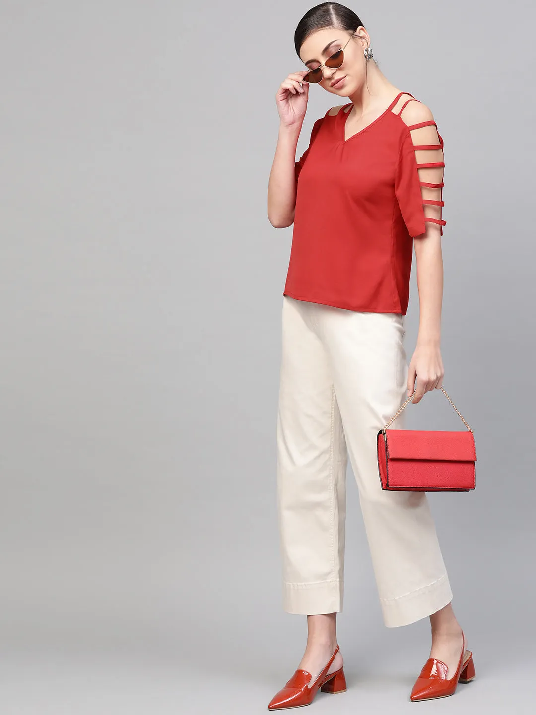 Women Red Strappy Sleeve Top